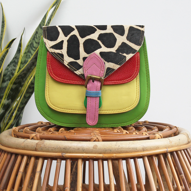 Tas Balu – Groen/ geel giraffe print | Leren dierenprint tas