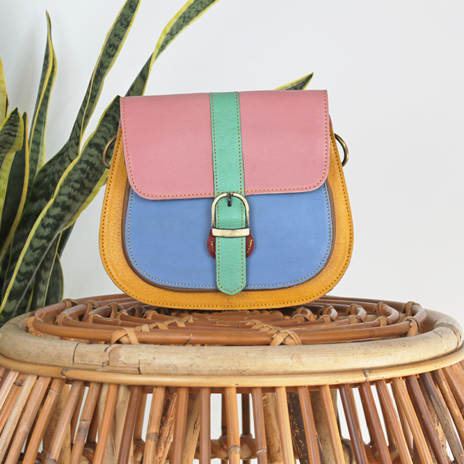 Tas Amita – Geel / blauw / roze | Unieke leren tas