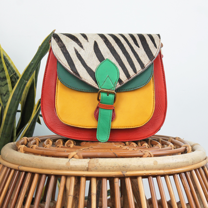 Tas Balu – Rood / geel / groen zebraprint | Leren dierenprint tas
