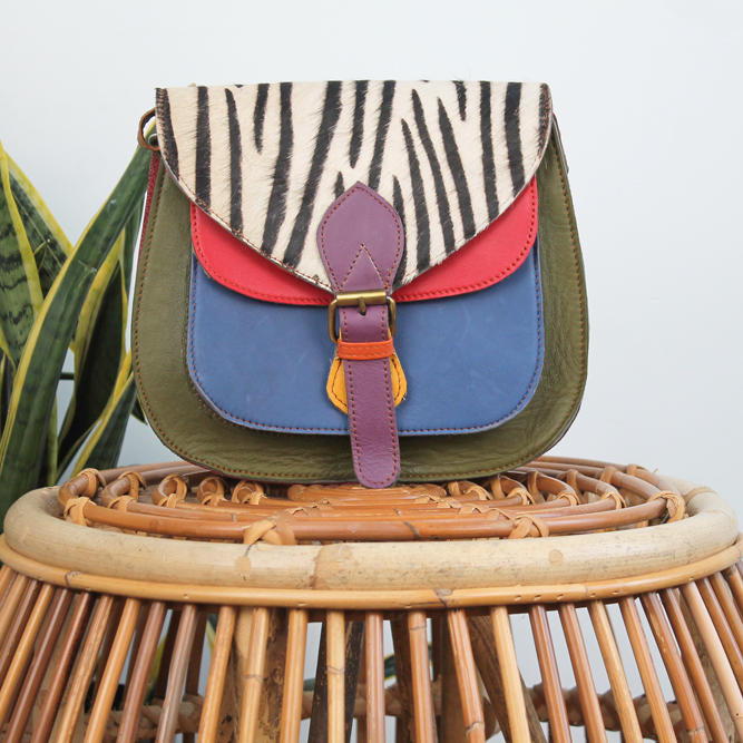 Tas Balu – Groen / blauw zebraprint | Leren dierenprint tas