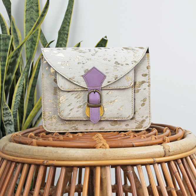 Tas Animal Mira – Wit / lila / goudkleurige print | Leren dierenprint tas