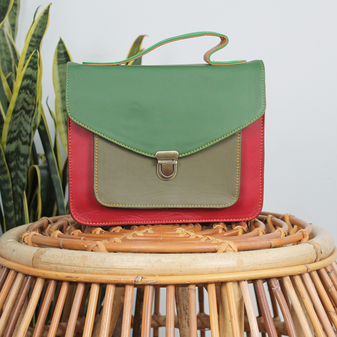 Tas Kamala – Groen / rood | Unieke leren tas