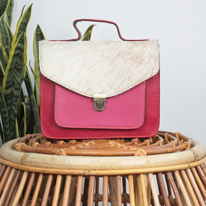 Tas Kamala – Roze / wit | Unieke leren tas