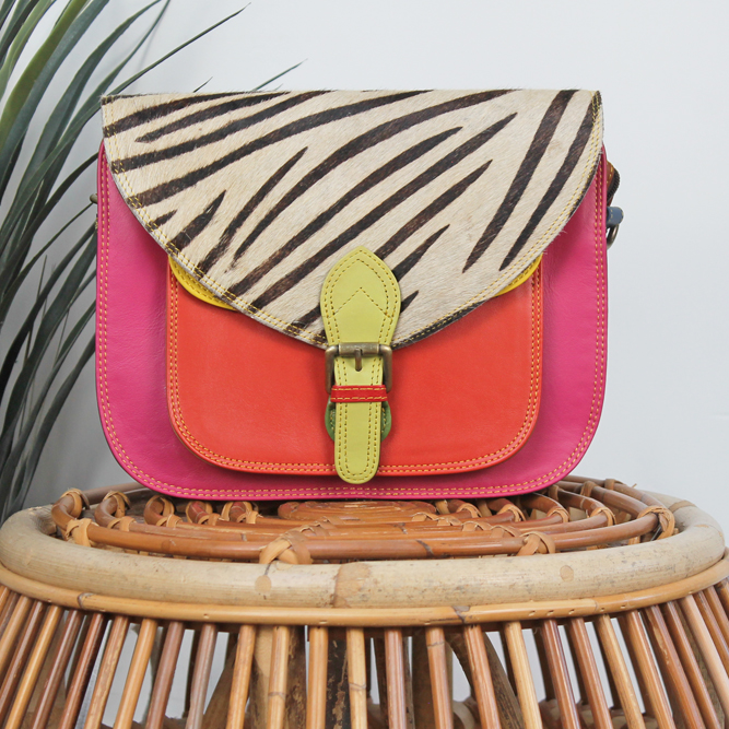 Tas Latika – Roze / oranje / zebraprint | Leren dierenprint tas