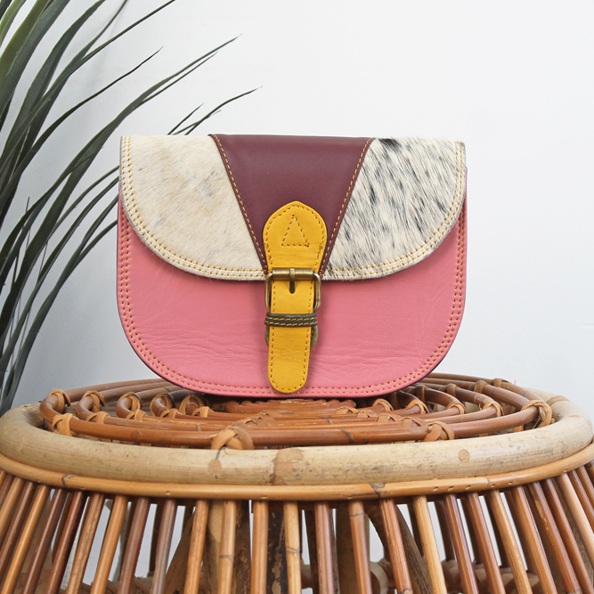 Tas Vira – Roze / geel | Leren dierenprint tas