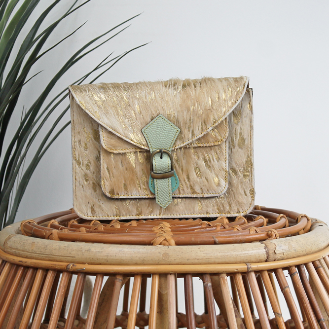 Tas Animal Mira – Beige / goudkleurige print | Unieke leren tas