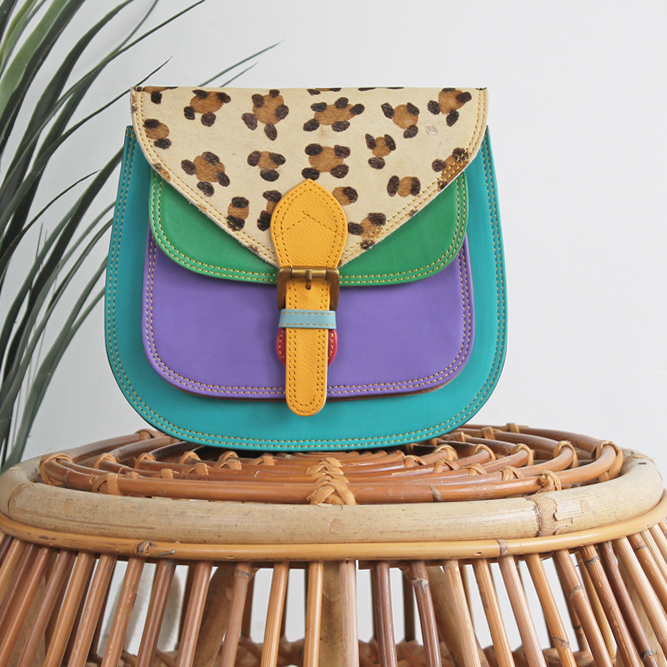 Tas Balu – Blauw / paars panterprint | Leren dierenprint tas